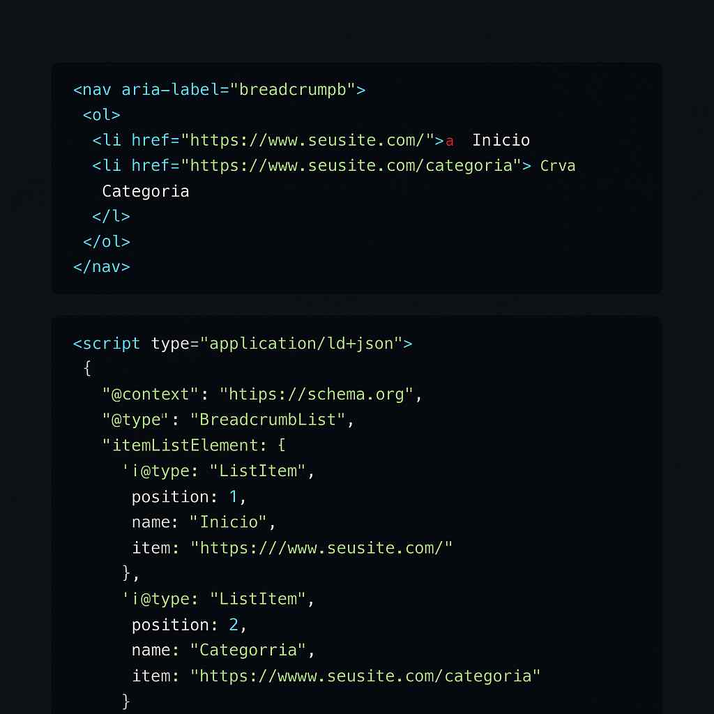 exemplo de breadcrumbs de código em HTML + JSON-LD